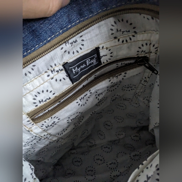 EUC Myra Bag women's Janesa Tote Bag 100% cotton leather denim bag, blue brown - Picture 8 of 13